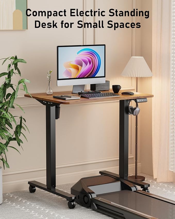 32" Small Rolling Electric Standing Desk Adjustable Height for Home Office | Mobile Sit Stand up Desk with Lockable Casters for Computer Workstation, Memory Preset, 2 Hooks, Black Frame/LightBrown Top