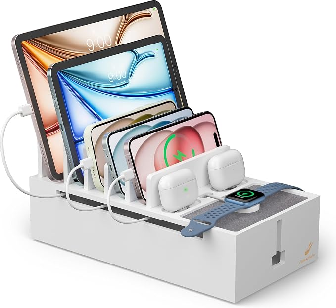 Pezin & Hulin Charger Station Organizer, No Power Charging Supply-White | Bamboo Cable Management Box, Power Strips and Cord Hider, Nightstand Device Organizer (Include 6 Cables)
