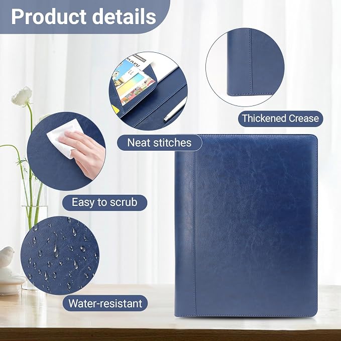 Professional Portfolio Binder, Faux Leather Padfolio for Resume, Note-Taking & Meetings, A4 Letter Writing Pad Holder for Women & Men, Blue