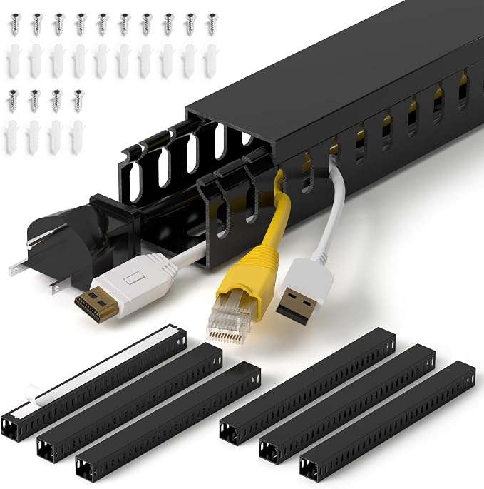 1.4"H x 1.6"W Cable Raceway, 99in Under Desk Wire Management Channel, Black | Slotted Wire Duct, 6Pack, 16.5in Each, Heavy-Duty PVC Cable Management for Server Racks, Network Cables & Electrical Cabinets