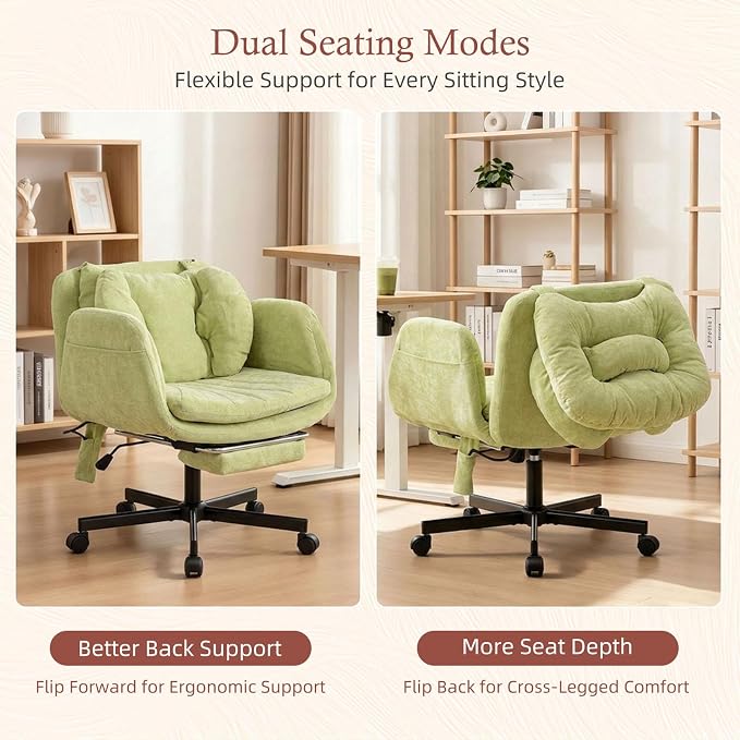 Criss Cross Office Chair with Footrest and 5-Gear Adjustable Arms, Green | Wide seat cross-legged desk chair, flip lumbar pillow, airbag support, linen fabric, for home office, vanity and meditation