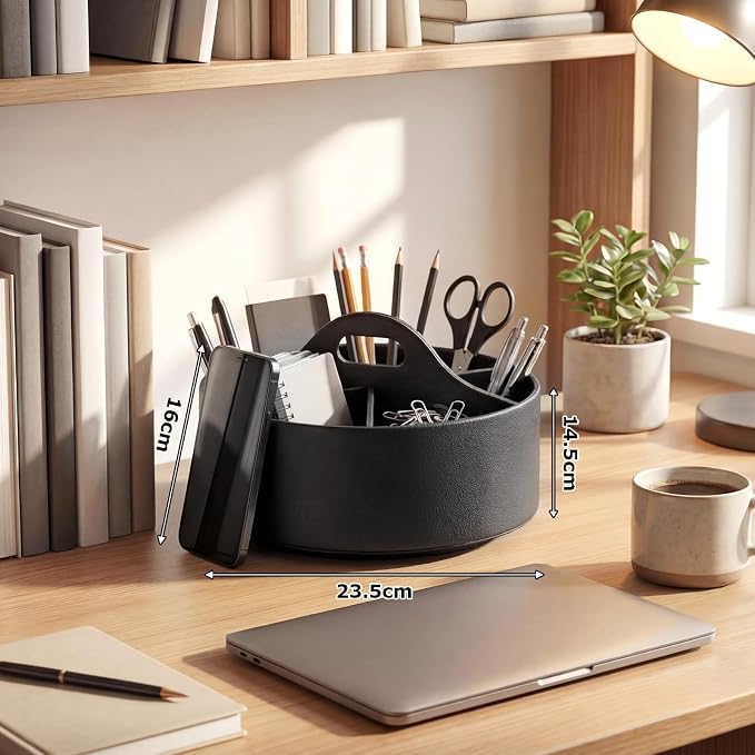 360° Rotating Leather Desk Storage Organizer with 6 Slots and Handle Extra-large Pen Holder Spinning Pencil Storage Lazy Susan Organizer Office Desk Supplies Marker, Art Supply(Black)