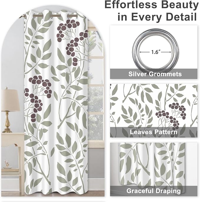 Blackout Curtains for Bedroom and Living Room, Farmhouse Thermal Insulated Room Darkening Drapes Soundproof Privacy Bedroom Curtains 2 Panel Sets, Leaves Print Black Out Curtains 84 Inch Long