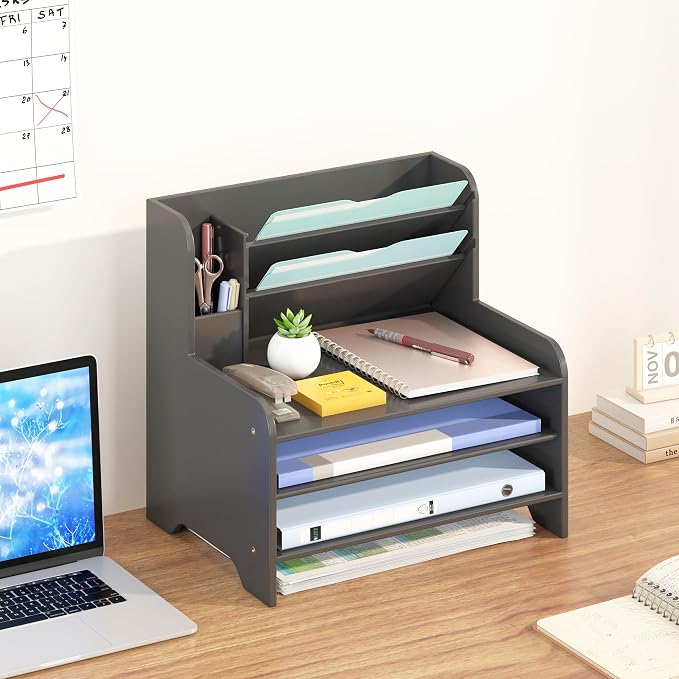 Bamboo File Organizer for Desk, Desktop Paper Tray and Mail Holder | Three open tiers keep A4/letter paper, folders, bills and mail sorted, visible and easy to reach while saving desk space