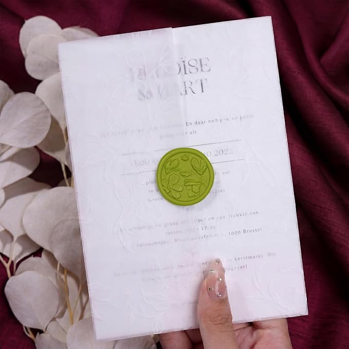 UNIQOOO Wax Seal Stickers - 3D Magnolia Wedding Invitation Envelope Botanical Seal Stickers, 50 Pcs Self- Adhesive Chartreuse Green Stickers, Perfect for Invitation, Christmas, Gift Wrapping, Party