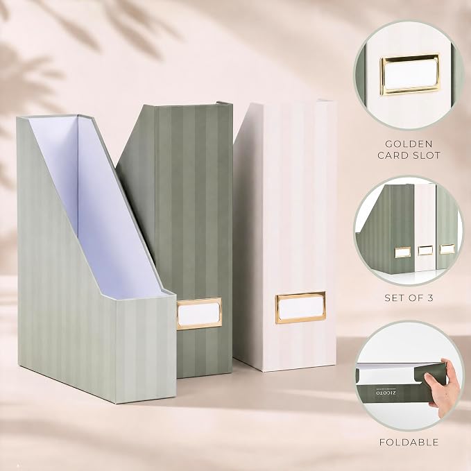 Beautiful Magazine Holder Set of 3 - Sturdy File Holder to Organize Your Desk or Shelves - The Perfect Office & Work Storage to Effortlessly Arrange Your Paperwork, Files, Magazines, Books or Binders