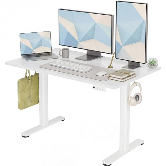 Claiks Electric Standing Desk, 48x24 Inch, White | Adjustable height for sit-stand, 156lbs capacity, scratch-resistant surface, 3 memory presets, cable management & hook.