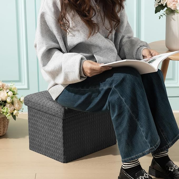 Thyle Storage Ottoman Cube, Small Foldable Footrest Stool for Under Desk Use, Sturdy Corduroy Ottoman with Storage for Snacks, Toys, Living Room, Bedroom, Dorm or Home Office, 16x12x12 Inch(Grey)