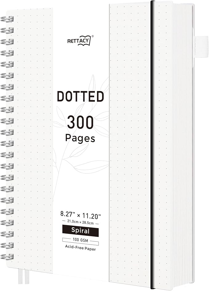 RETTACY Dotted Journal Notebook, 300 Pages, A4 Large Size (8.2'' × 11.2''), 100 GSM Thick Paper, Flexible Plastic Cover, Spiral-bound, for Journaling, Planning, Tracking (Transparent)