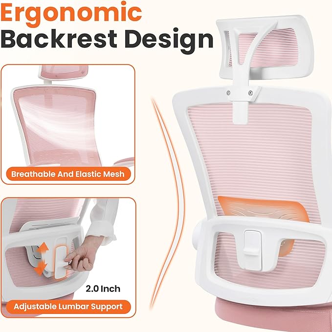 NEO CHAIR Ergonomic Office Desk Chair High Back Computer Gaming Mesh Chair with Comfy Task Adjustable Arms Lumbar Support Headrest Swivel for Home Office (Pink)