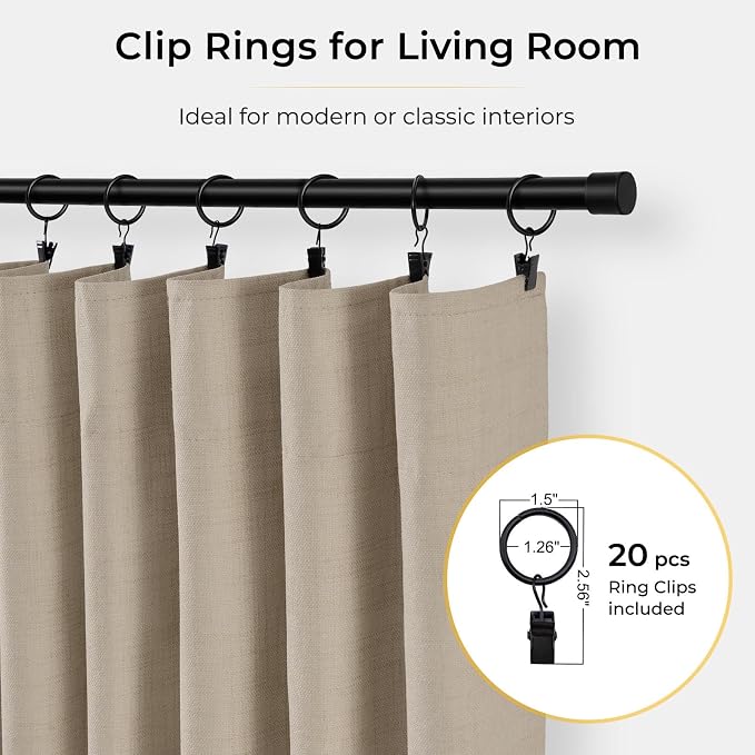 INOVADAY 100% Blackout Curtains for Bedroom, Black Out Curtains 84 Inch Long, Clip Rings Linen Blackout Drapes, Thermal Insulated Room Darkening for Living Room, 2 Panels - Burlywood Birch,W50xL84