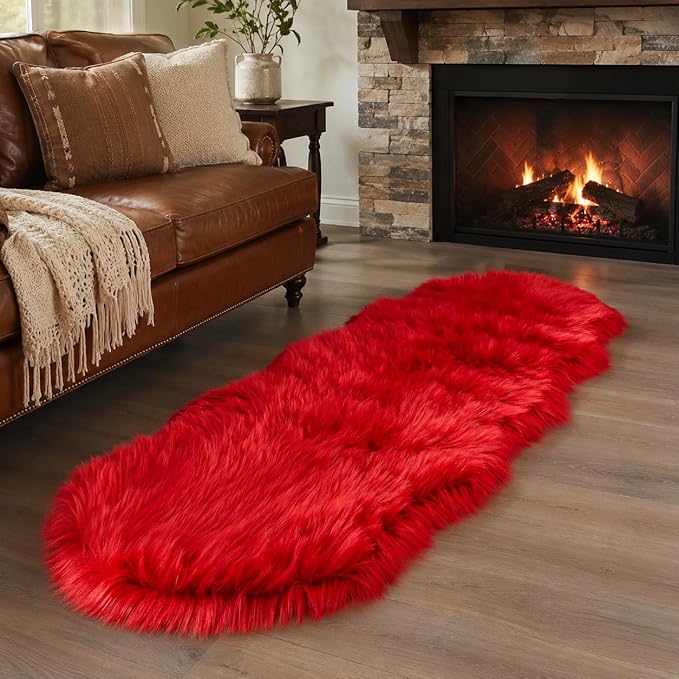 EasyJoy Ultra Soft Faux Fur Rug Fluffy Sheepskin Rug for Bedroom Living Room Sofa Bedside Floor(2 x 6 ft Sheepskin, Red)