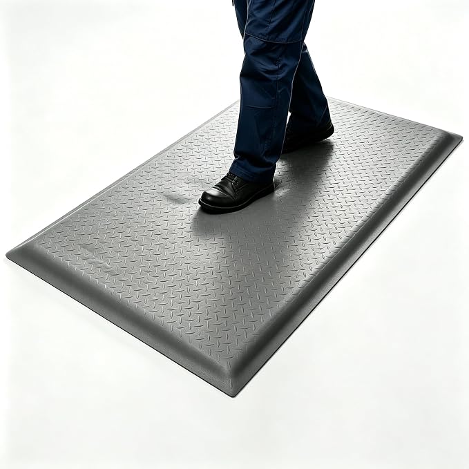 Anti Fatigue Mat 3x7 Ft 15/16" Thick Soft Sponge Ergonomic Mat | Full Day Floor Support Mat Reinforced Diamond Stud Dependable Standing Mat Foundry Forge Casting Mold Injection Molding Gray