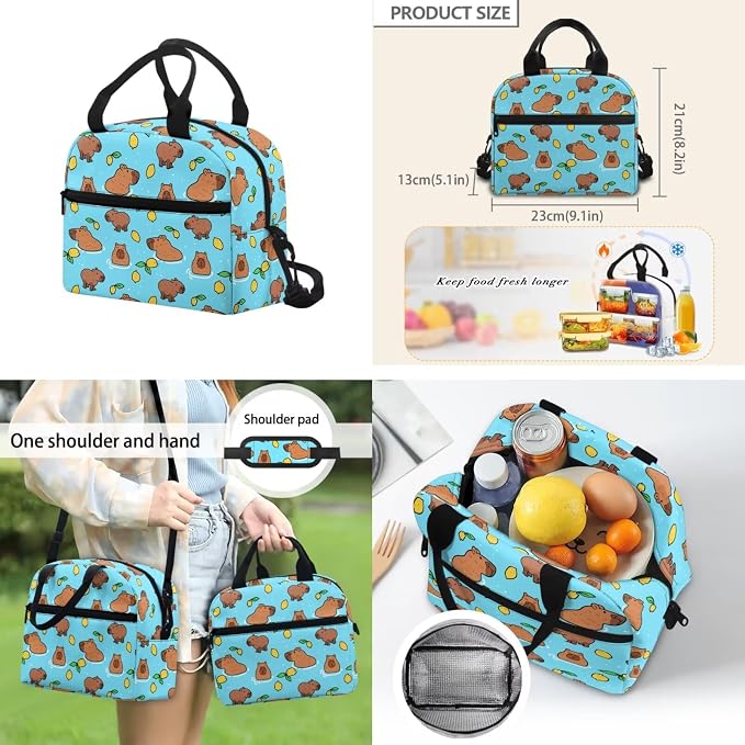 ZFRXIGN Little Capybara Kids Backpack for Boys 8-12 10-12 Bookbag with Cute Pendant 17inch Girls School Bag and Insulated Lunch Box Pencil Case Blue Bagpack Set