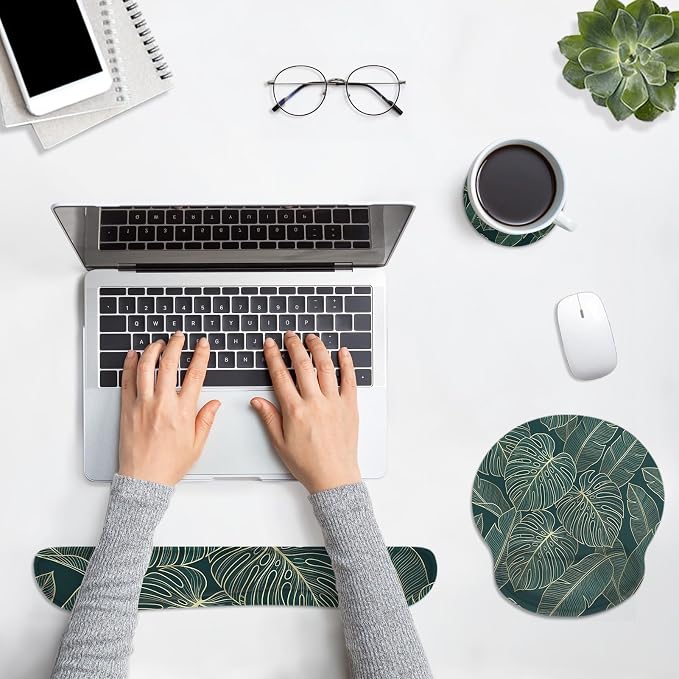 Britimes Ergonomic Mouse Pad Set with Wrist Rest Green Palm Leaves Non-Slip Rubber Base Wrist Cushion Support and Coasters Mousepad with Wrist Support for Computer Keyboard and Desk