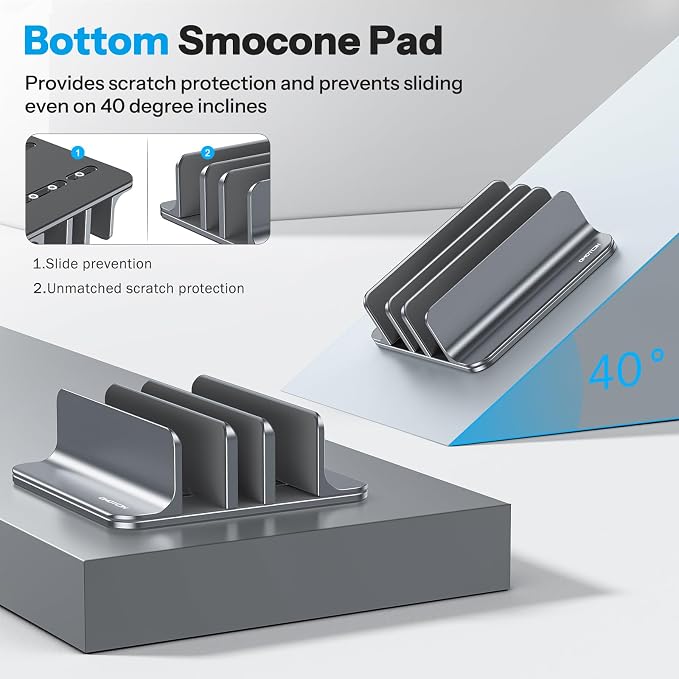 OMOTON Vertical Laptop Stand [Updated 3-Slots Version], Desktop Aluminum Mac Book Stand with Adjustable Dock Size, Fits All Mac Book, Surface, Chrome Book and Gaming Laptops (Up to 17.3 inch), Grey