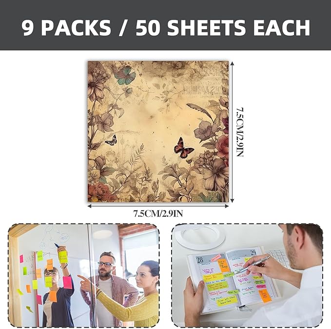 Retro 9 Pack/450 Sheets 3x3 inch Sticky Notes Set, Reusable Tearable Post it Notes and High-Adhesive Planner Notepad Desk Accessories for School, Office, and Home - Bulk Retro Stationery Gift