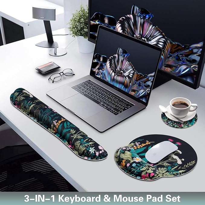 Mouse Pad with Wrist Rest Set, Qomolama 3-in-1 Wrist Support Mouse Pad Set, Floral Gaming Mousepad with Anti-Skid Base,Ergonomic Mouse Pad,Memory Foam Keyboard Gel Wrists Rest