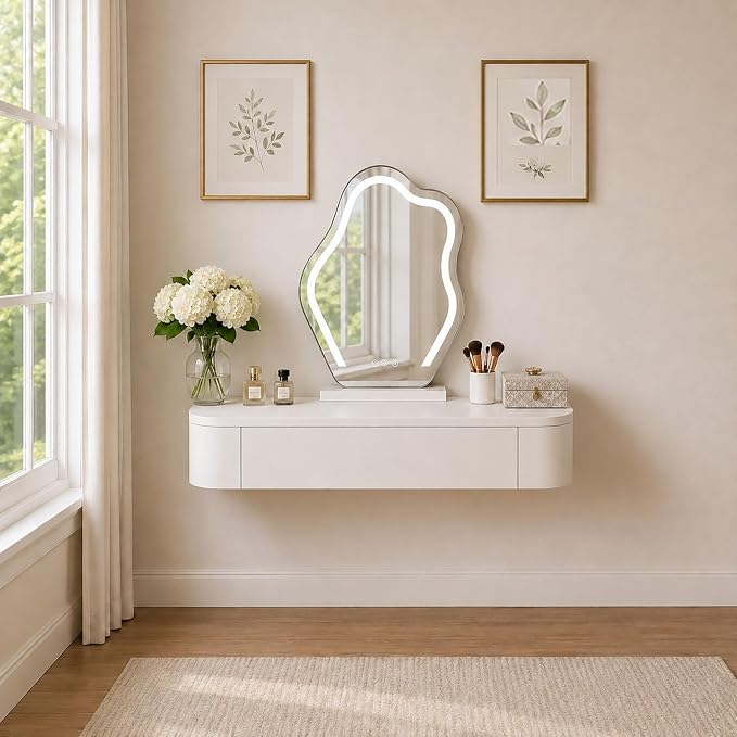 Floating Makeup Vanity Desk with Drawers Wall Mounted Makeup Table with Storage Fully Assembled Floating Vanity Desk Space Saving Modern Dressing Table for Bedroom Closet(White,23.6")