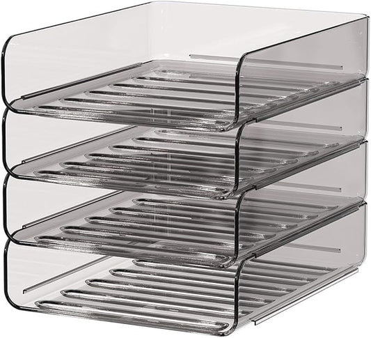 Clear Paper Organizer - Brown Acrylic Stackable Paper Tray for Desk, 4-Tier Letter Tray Organizer with Smooth Edges and Rounded Corners