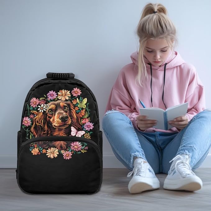 ZFRXIGN Dachshund Dog Teen Girls Backpack for School with Cute Pendant 4pc Backpack Set 17inch Middle High School Girls Bag and Insulated Lunch Box Pencil Case