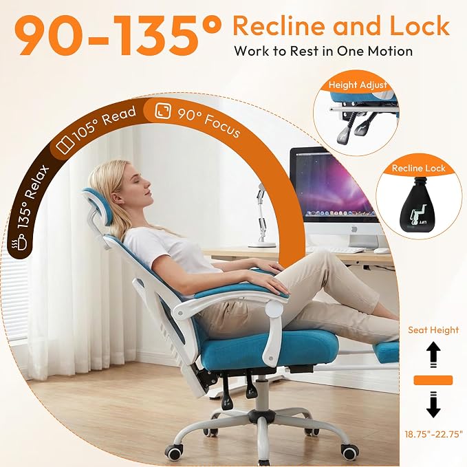 Ergonomic Desk Chair, High Back Office Chair with Wheels, Elegant Blue | Computer Chair with Footrest, Swivel Reclining Gaming Chair with Headrest, Comfy Armrest for Home, Office, Work, Study
