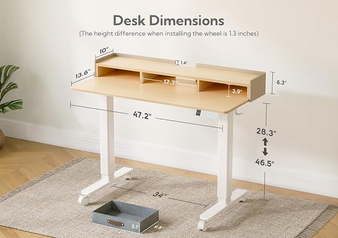 Claiks Standing Desk with Drawers & Wheels, 2 Height Shelf 48" Natural | 2 height adjust shelf, tabletop drawers, felt fence design, sturdy supports 176 lbs, 4 wheels, 2 tire monitor stand