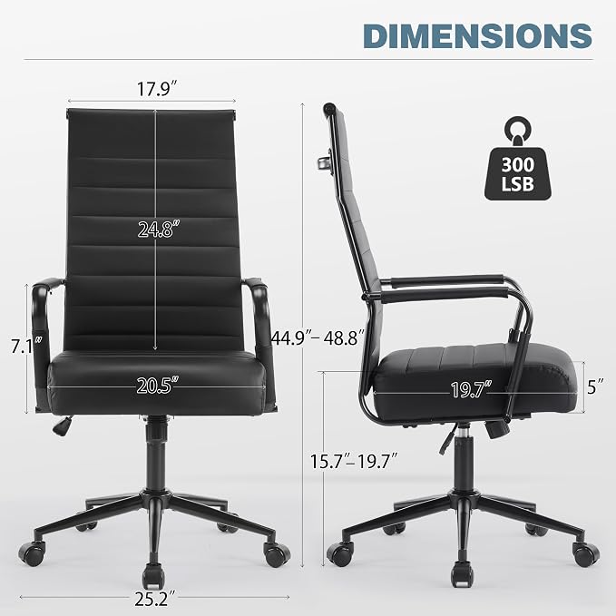 JOMEED Office Desk Chair,Conference Room Chair,High Back PU Leather Swivel | Modern Executive Ribbed Design, Ergonomic, Height Adjustable, Wheels and Arms, for Home Office(Black-Black Frame)