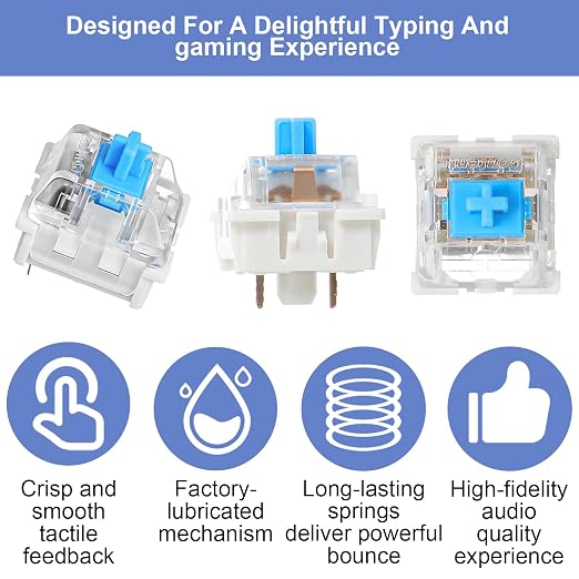 30Pcs Blue Switch Replacement, 3 PIN Mechanical Keyboard Switches, Clicky with Strong Tactile Feedback, Accurate Typing, Dustproof, Office and Gaming LED Keyboard Universal Replacement Parts