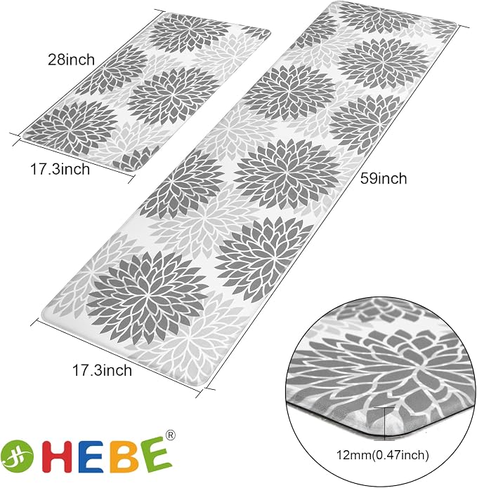 HEBE Anti Fatigue Kitchen Rugs Set of 2, Cushioned Kitchen Mats for Floor | Non Slip Washable Kitchen Runner Rug Set, Floral Stain Resistant Waterproof Comfort Mat Carpet for Sink, Standing Desk