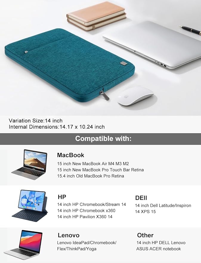 DOMISO Laptop Case Laptop Sleeve Cover Compatible with 15 inch MacBook Air M4/A3241 2025, M3/A3114,M2/A2941,15 inch MacBook Pro A1990 A1707,Compatible with Dell XPS 15 Plus with Pocket, Teal