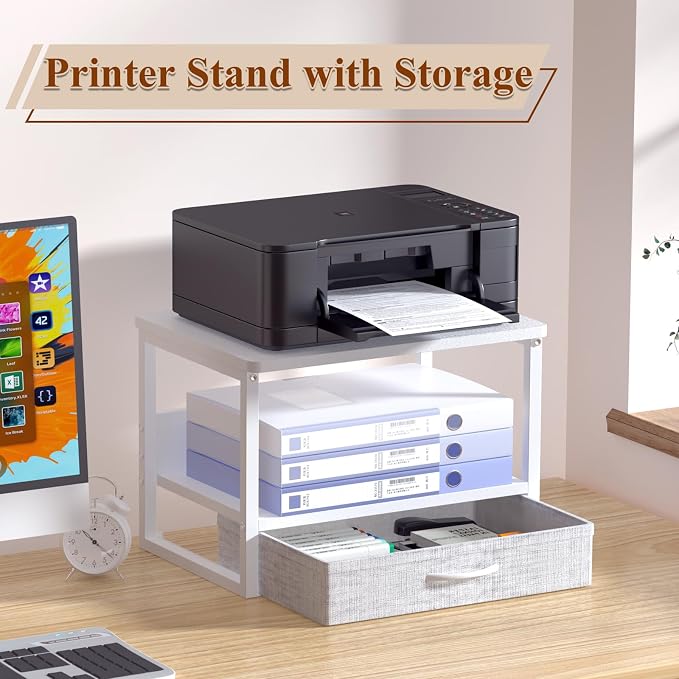 MARTY Desktop Printer Stand with Storage Drawer, Printer Riser for Desk | 2 Tier Printer Shelf, Small Printer Table for Home Office, for Fax Machine Copier Scanner, Desk Organizer, 17.1"x12.4", White