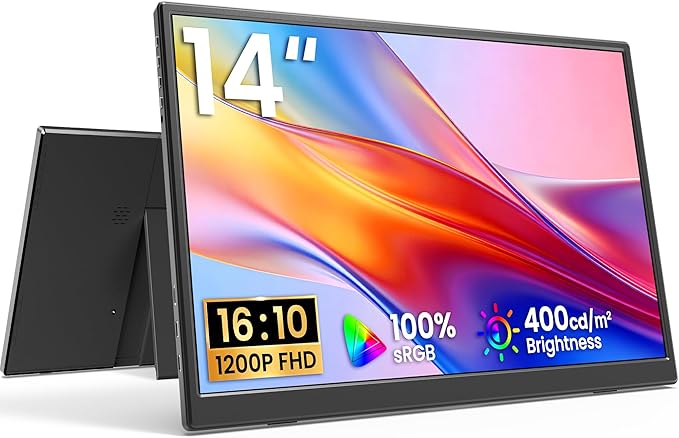 Yxk Portable Monitor 14 Inch 1200P 60Hz IPS HDR Ultra-Slim Travel Monitor with Dual Speakers USB-C HDMI Second Screen for Laptop PC Mac Phone Xbox PS4/5 Switch, VESA Kickstand, Zero Frame Gaming