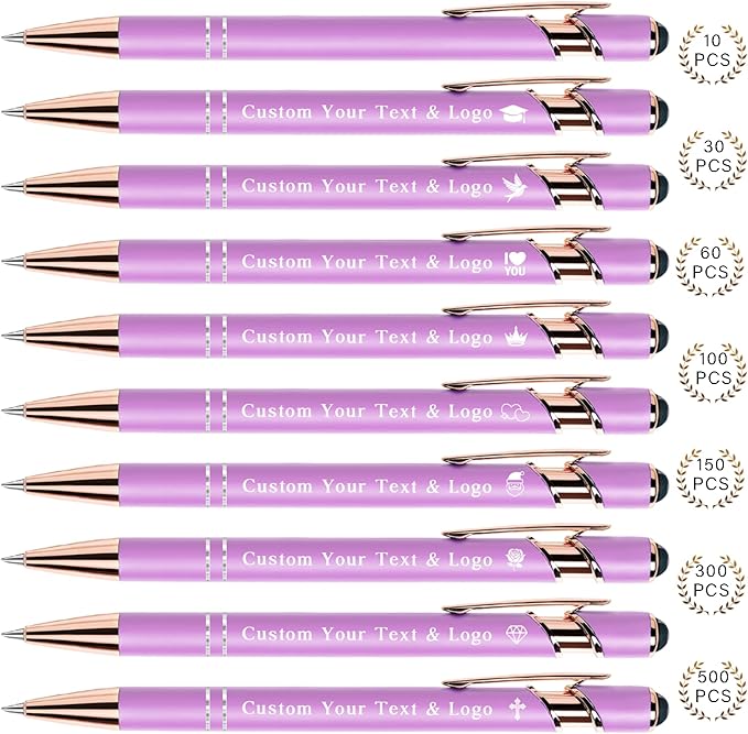 Bulk Custom Pens Personalized, Customized Pens with Name/Logo on Both Sides Gifts, Black Ink Engraved Ballpoint with Stylus, Ideal for Business, Birthday, Party, Wedding, School, Metal Material