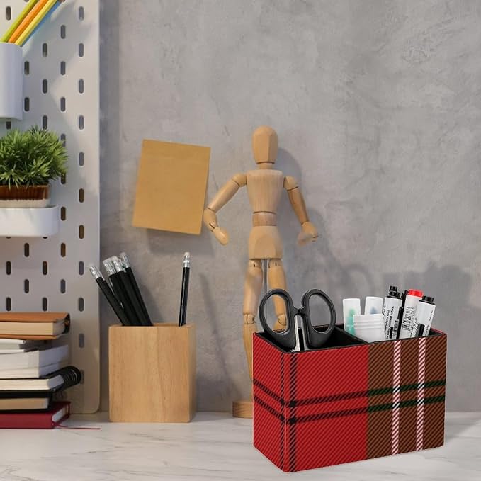 Red Green Tartan Plaid Pattern Scottish Cage PU Leather Pen Holder Desk Organizer, 2-Compartment Pencil Container for Office, Home, Vanity Use