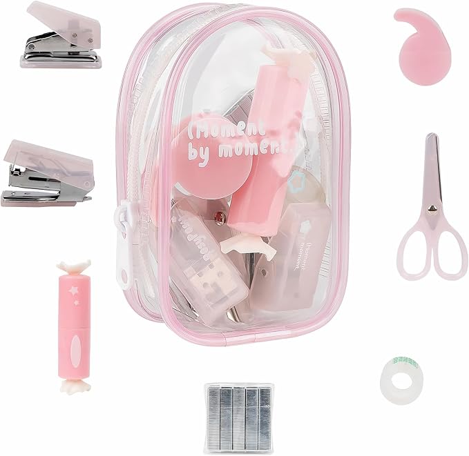 Christmas Gifts 7pcs Mini Stationary Kit with Compact Scissors Hole Punch Portable Stapler Mini School Supplies Kit Pink Stapler and Tape Dispenser Set for Students (Pink)