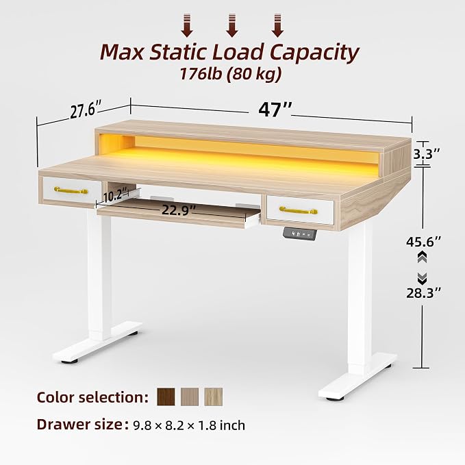 TIQLAB Standing Desk with Two Drawers, Stand Up Standing Desk Adjustable Height, Electric Sit Stand Table with Storage Shelf and Splice Board, with LED Light, 47 * 28 inch, Light Walnut