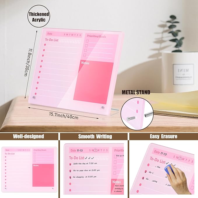 Desktop Thickened Acrylic Dry Erase Board to do List Planner Board,15.7"x11.8",Tabletop Whiteboard with Stand,Pink Office Supplie,Pink Dry Erase White Board for Office/Home/School