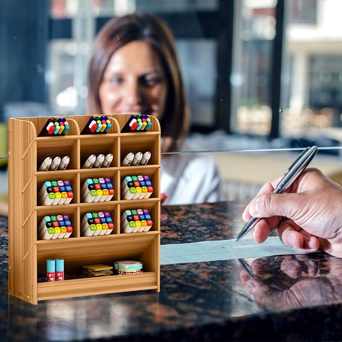 Ciieeo Multi-Grid Pen Box Wooden Pencil Case Pen Storage Box for Markers Pens Pencils Office Holder for Desk Stationery Storage Supply 10.03 X 8.26 X 3.62 in