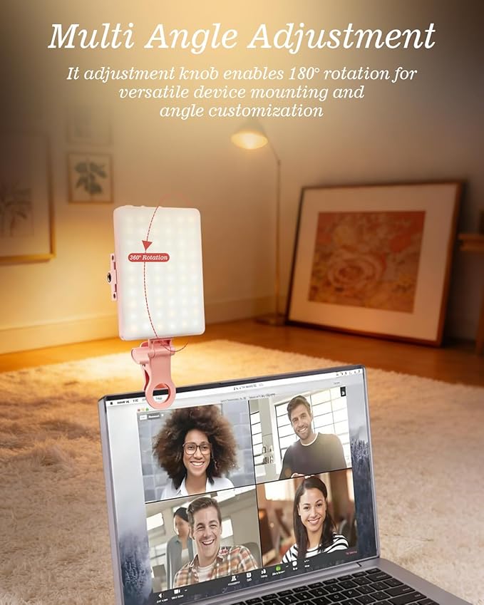 60 LED Portable Selfie Light Video Conference Lighting with Clip & Camera Tripod Adapter Rechargeable 2000mAh CRI 97+, 3 Light Modes for Phone iPhone Webcam Laptop Photo Makeup (Pastel Pink)