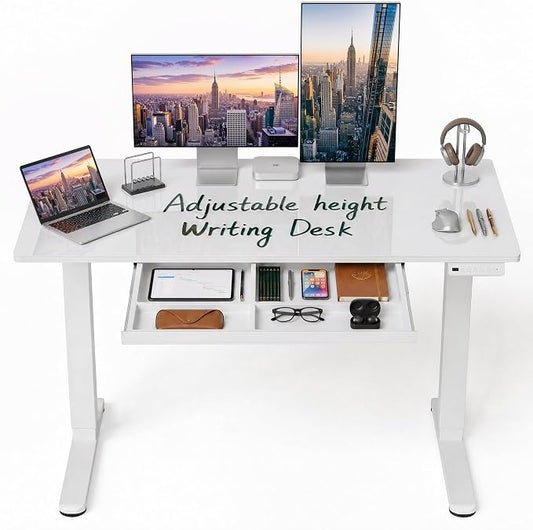 CubiCubi 48x24 Standing Desk with Glass Top, Height Adjustable Computer Desk with Drawer, One-piece Rising Home Office Desks with Positon Memory, Sit Stand Up Electric Workstation Table, White