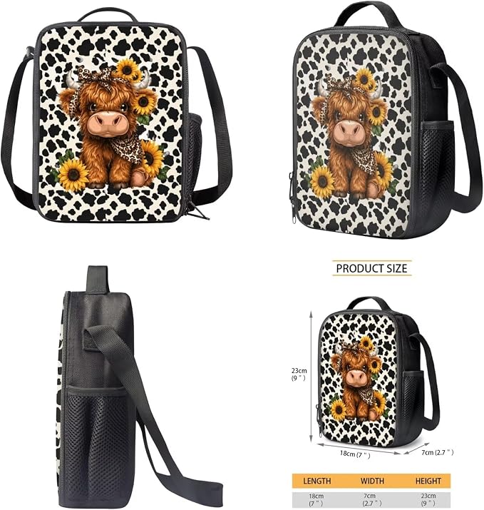 WELLFLYHOM Girls Highland Cow Elementary Backpack 4 Pcs Cow Print Book Bag | Kids Sunflower School Bag with Lunch Box Pencil Pouch Water Bottle Sleeve Daypack Set for School Sport Travel