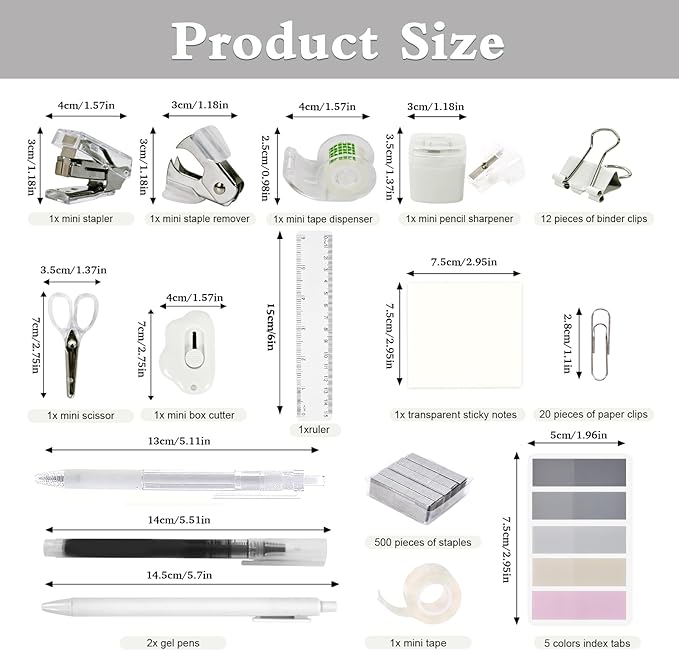 Mini Office Supply Kit, Mini Stapler with Staples and Tape Dispenser Set, Mini Stationary Kit Includes Sticky Notes Index Tabs Gel Pens for Office & School (Transparent)