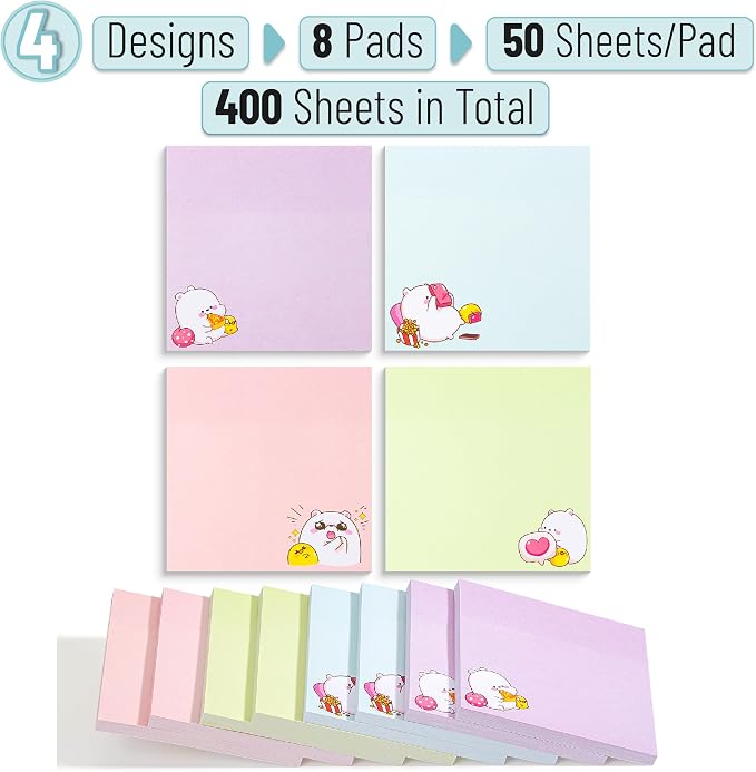 Mr. Pen- Aesthetic Sticky Notes, 3"x3", 8 Pads, 400 Sheets, 4 Designs | Cute Bear Sticky Notes, Self-Stick Note Pads Aesthetic, Perfect for Office, School, Home, Study & Organization