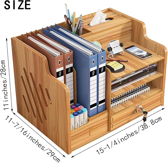 Bamboo Desk Organizer, Desktop Wood Bookshelf File Organizer, Pen Holder and Tissue Holder, 1 Drawer with lock for Office, Home, Need to Install(Cherry Wood)