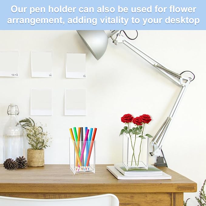 RETON 9 Pack Acrylic Pen Holder, Clear Pencil Organizer for Desk, Makeup Brush Storage, Small Desktop Bookmark Holders for Classroom, Home, Office Stationery (Square)