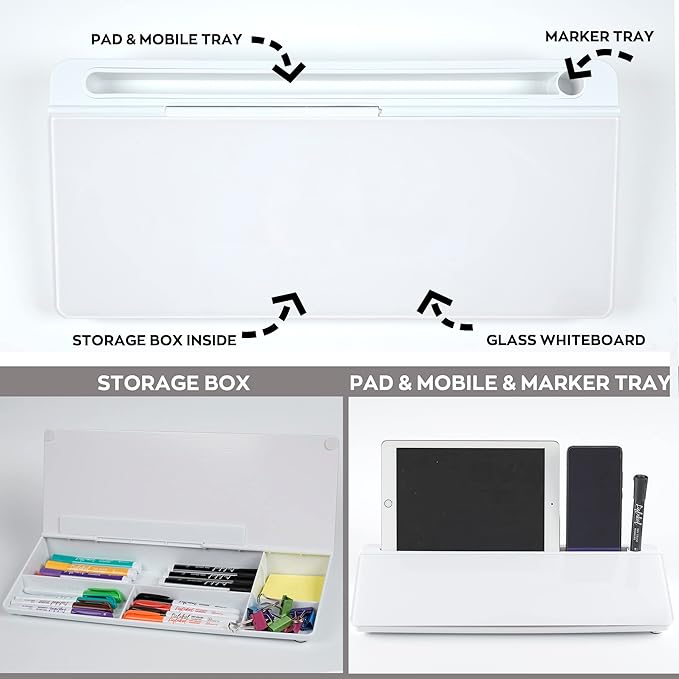 Desktop Glass Whiteboard Set with 3 Colors Markers and 1 Eraser,Desk Dry Erase Glass Whiteboard for Home Office and School Accessories Supplies with Storage Caddy for Computer Keyboard Stand.