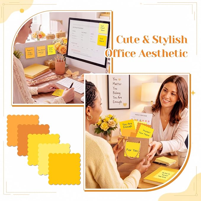 Epakh 10 Pack Scalloped Sticky Notes Bulk 3"x3" Cute Aesthetic Memo Pads 5 Gradient Colors Wavy Self Notepads for Office Study and Daily Life Organization, 300 Sheets(Yellow)
