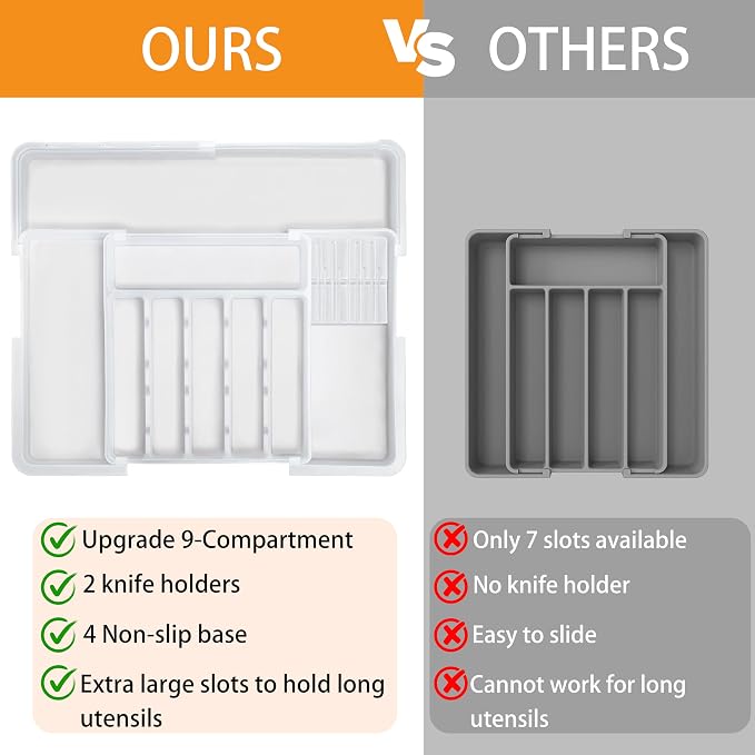 Silverware Organizer for Kitchen Drawer, Expandable Utensil Drawer Organizer with 2 Knife Block, Flatware and Cutlery Holder, Adjustable Plastic Storage for Spoons Forks Knives