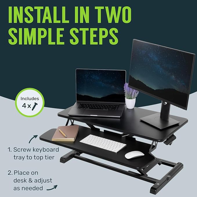 TechOrbits OF-S06-2 Desk Converter-37-inch Height Adjustable, MDF Wood, Sit-to-Stand Rise-X Pro Black, 36"